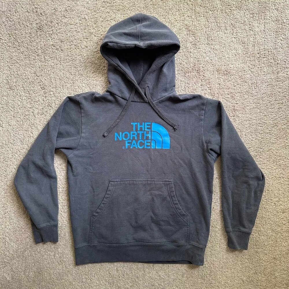 North Face Sweatshirt Mens Medium Hoodie Long Sleeve Grey Blue Logo